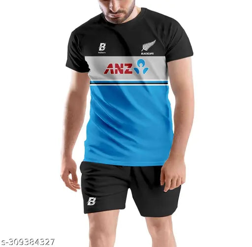 NEWZEALAND Blue sports kit, printed sleeve short sleeves net for outdoor/indoor sports activities. Quality sportswear available in S-XXL sizes. Made in India
