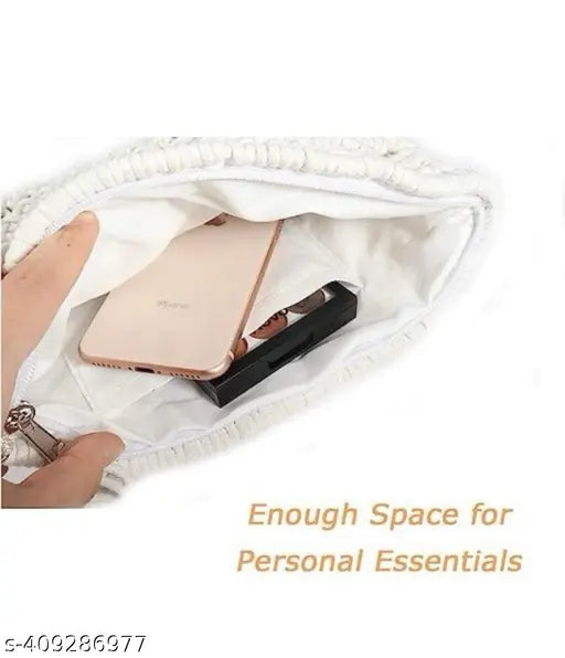 Vertical, handmade cream, macrame clutch with tassel, coloured textured fabric