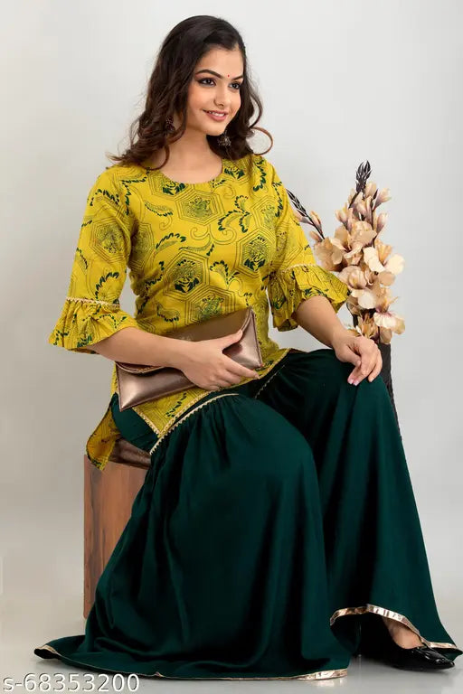 Yellow, silk kurta set with matching sharara
