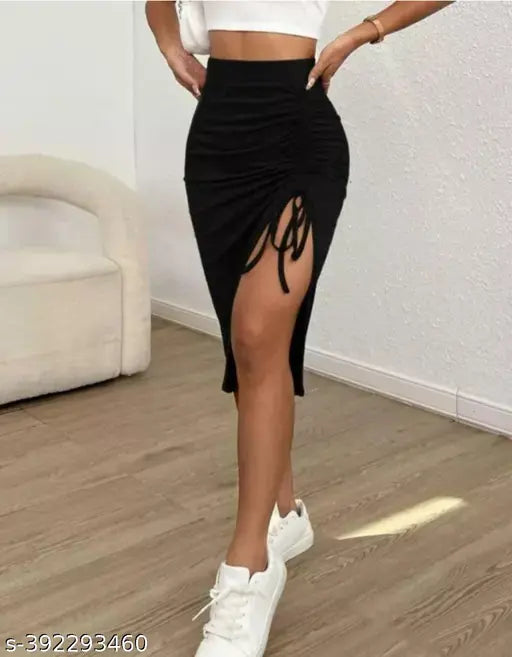 Trendy stylish side-cut cotton black skirt for women, self-design net pattern, size 26 waist 26", length 25