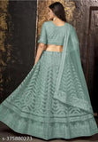 Mint green embroidered lehenga choli set on mannequin, net fabric with intricate details, Indian semi-stitched traditional wear (44in waist, 42in length, 2.25in dupatta)