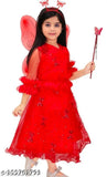Red bamboo straight frock with dupatta for kids, printed knee-length trousers on display stand