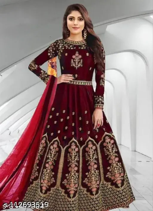 Taffeta silk embroidered long gown, Indian semi-stitch bridal wear
