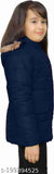 Navy blue puffer jacket with a hood and a front zipper