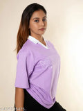 Maniac Women Printed Polo Neck 3/4th Sleeve Lavender Cotton Oversized Tshirt
