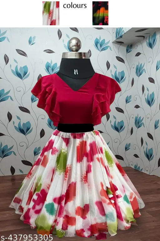 Georgette fancy top & printed net skirt set for kids, 3-8 years, fully stitched lengha choli from India