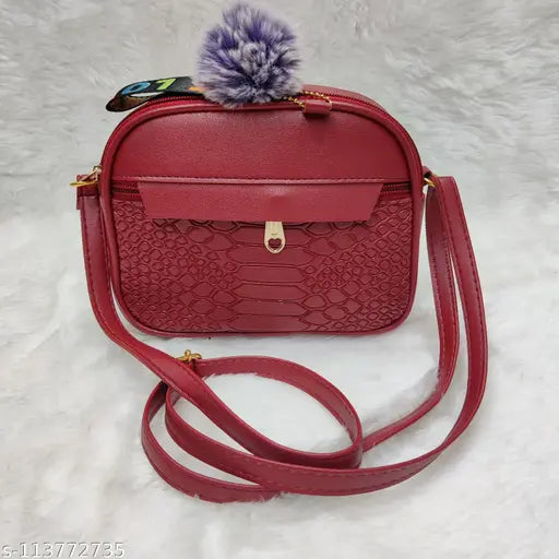 Red faux leather slings bag, shoulder strap, zip closure