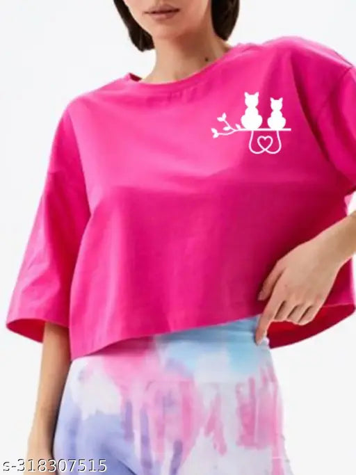 Magenta cotton blend crop top featuring happy cat print, ideal for casual outings or street style