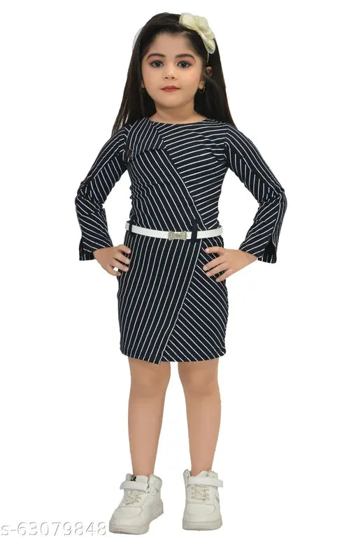 Black and white striped full sleeve bodycon dress, belted waist, knee length