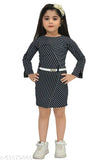 Black and white striped full sleeve bodycon dress, belted waist, knee length