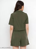 Army green crepe women's playsuit with short sleeves, regular fit, waist tie-ups, and double pockets. Made in India