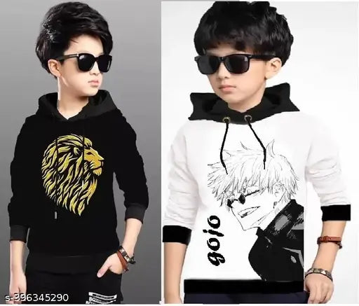 Cotton blend printed kids' hooded full sleeves regular fit casual wear t-shirt, pack of 2 for ages 2-16 years