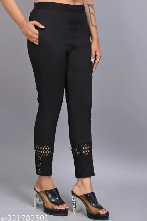 Cotton lycra lace jeggings/joggers/plazzo pant for women, soft, stretchable, side button design, India-origin, fashionable comfort wear with side pockets