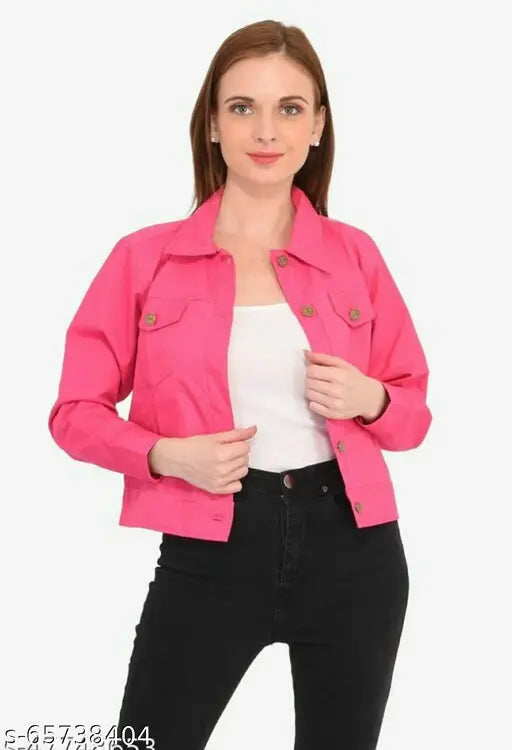 Cotton blend pink jacket with solid pattern for women's S-XL sizes, trendy fashion accessory