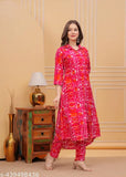 Cotton Omiraj Candy Red Co-ord Set 007: Women's printed straight kurta with three-quarter sleeves and palazzos