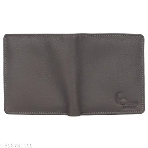 Gray genuine leather RFID-blocking wallet for men, contains 3 compartments and a full-length cash slot. Gift boxed, made in India