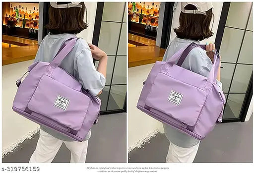 Purple Viyaro folding travel duffle bag for women, shoulder strap and handles, shopping bag with label, capacity unknown