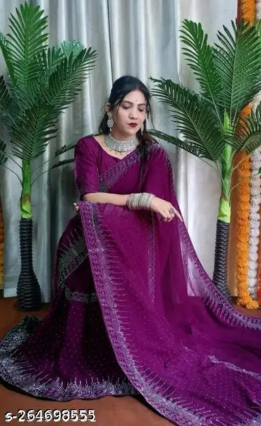 Hand-painted Swarovski crystal, diamond applique Georgette Bollywood saree with separate satin silk blouse