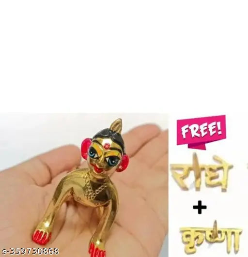 Painted brass Krishna idol - Shree Radha Rani Ji Ladli Ji SIZE 1 with free tilak stamp, intricate eye design, traditional Indian God figure