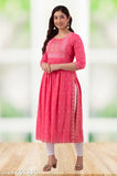 Pink rayon VNYASHRI naira cut kurta for women with shisha embroidery, round neck, yoke, block print, and side slits. High-quality, breathable, durable, and comfortable Indian ethnic wear." (107 characters)
