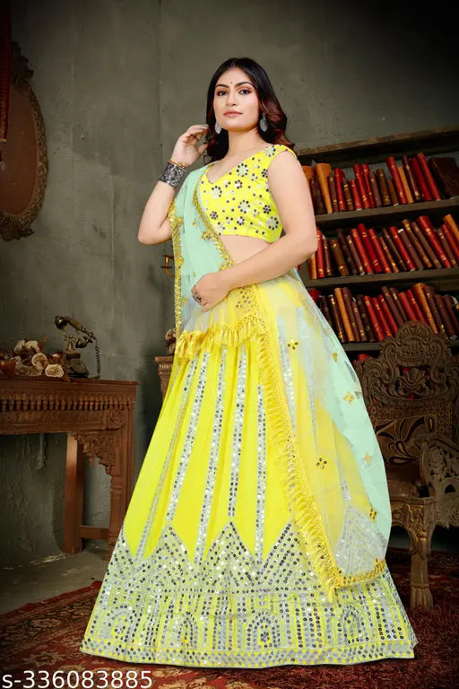Embellished Georgette Choli and Dupatta set, Indian semi-stitched Lehenga (43m waist, 43m length, 2.3m dupatta), women's fancy designer clothing