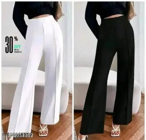 High-waist cotton blend solid bell-bottom trousers for women (2pcs), India-made fashion forward wardrobe essential