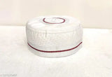 White cotton traditional Islamic cap with intricate embroidery, suitable for men's salat prayer. Comfortable, authentic, washable design with cross-line texture. Original condition, no stains, scratches, tears or holes. Quality product, best rate on Gillkart. Please measure size before ordering. Made in India