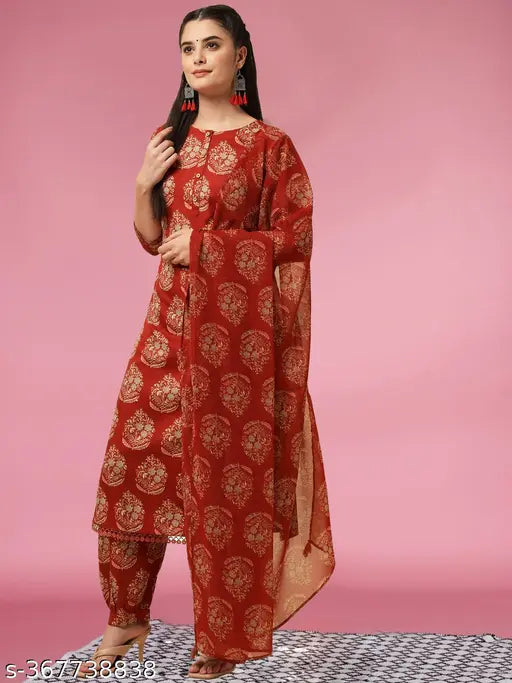 Rayon printed women's kurta set with Georgette dupatta, three-quarter sleeves, Indian fashion for S, M, L, XL, XXL