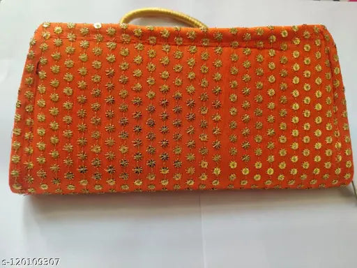 Orange embroidered clutch bag, fabric, 1 slot for cards, 60% cotton, 40cm length