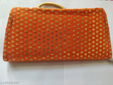 Orange embroidered clutch bag, fabric, 1 slot for cards, 60% cotton, 40cm length