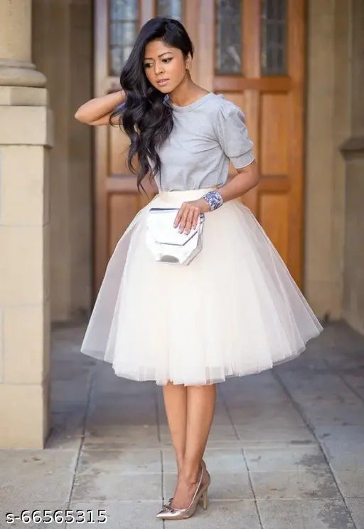 Trandy white tulle net western skirt, fitted waistband