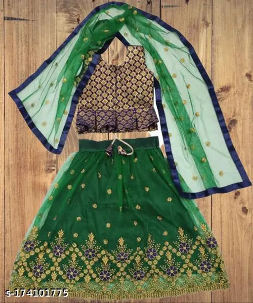 Kids net readymade lehenga choli, sleeveless zari woven embroidered outfit for girls. Stitched net lehenga with jaquard blouse and matching dupatta from India