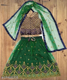 Kids net readymade lehenga choli, sleeveless zari woven embroidered outfit for girls. Stitched net lehenga with jaquard blouse and matching dupatta from India