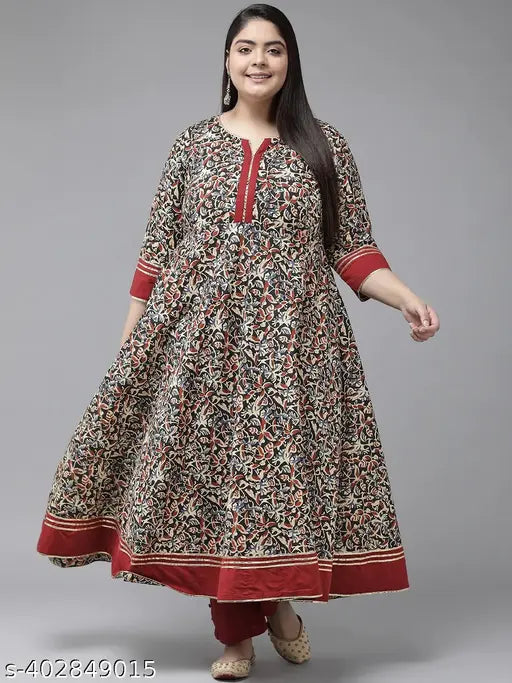 Brown cotton ethnic motif notch kurtis, perfect for regular wear with beautiful designs and prints. Three-quarter sleeve Anarkali kurti in soft brown color, embellished with Gota lace and three quarter sleeves. Made in India
