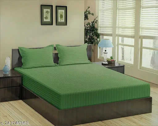 N G Products Combo Pack of Glace Cotton Satin Stripes Plain Color 2 Bedsheets for Double Bed with 4 Pillow Covers, Size 90 x 90 Inch, Color- Green & Maroon