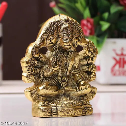 Gold Panchmukhi statue of Hindu deity Lord Hanuman, with a small stand for wall mounting