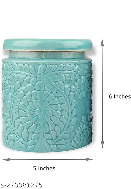 Turquoise floral ceramic jar, set of 2, 1000ml storage container