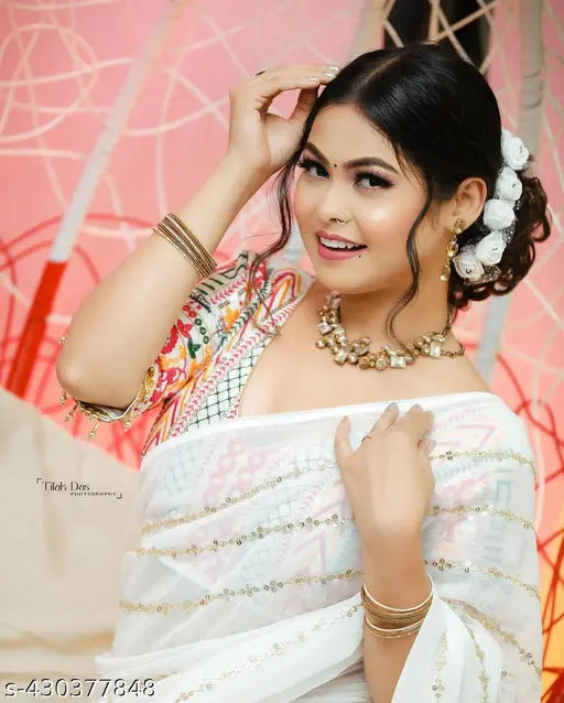 White embroidery on georgette saree with matching blouse