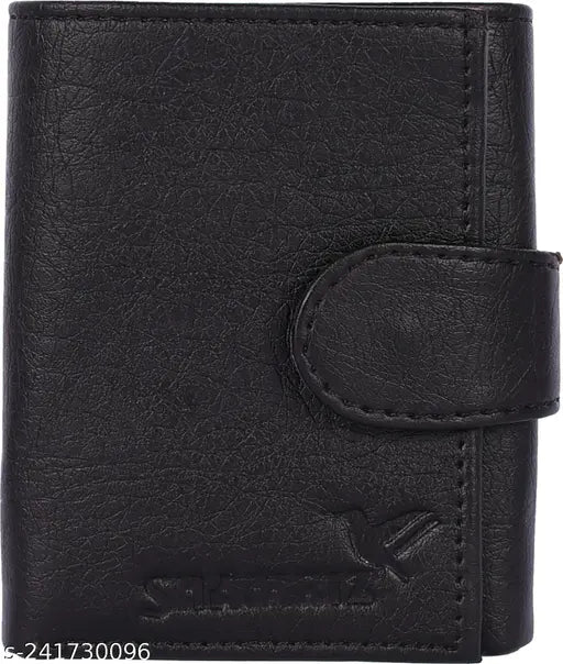 Men's bi-fold artificial leather wallet, 100% top grain genuine material, textured pattern, free size (15cm x 12cm), durable lining, 3 credit card slots, 1 secret compartment, 2 currency compartments. Universal fit for all ages and genders