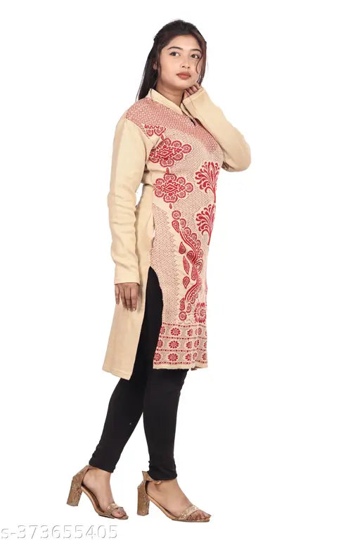 Woolen kameez with floral embroidery, black pants
