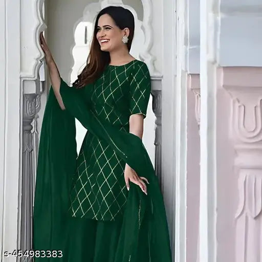 Green embellished traditional kameez with matching dupatta and skirt