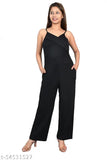 Black polyester jumpsuit, sleeveless and solid design for ladies, comfortable fit and straight hemline