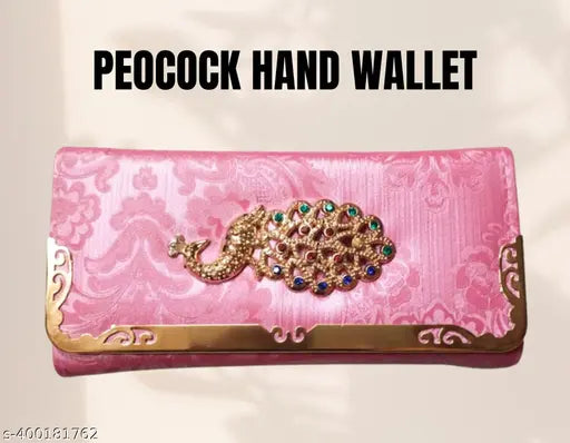 Purple satin fabric wallet with gold accents, multiple card slots