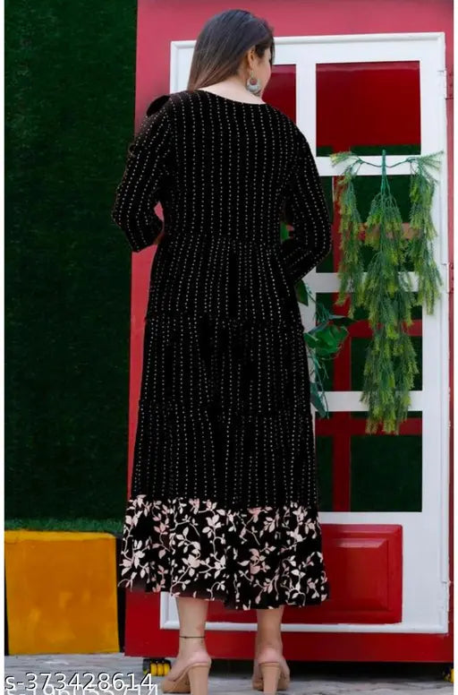 Rayon Anarkali printed kurtis with embroidery for women and girls, three-quarter sleeve fashion from India