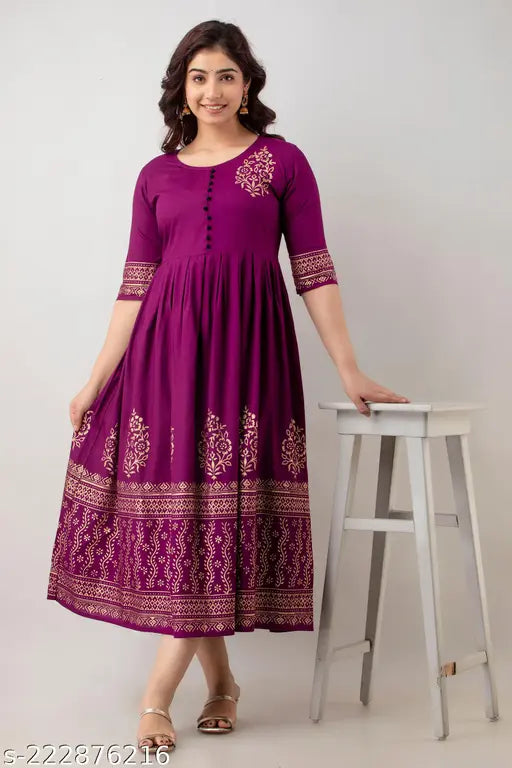 Rayon printed Anarkali flared kurta with three-quarter sleeves, gold accents, Indian occasion wear