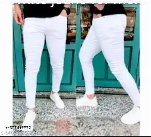 Men's cotton blend white jeans, solid pattern, stylish fit for men. Size 32 (waist: 32in, length: 40in, hip: 34in), origin: India