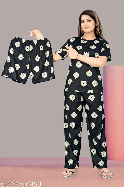 Premium quality printed polycotton night suit set, includes top & shorts for women, high comfort level, made in India