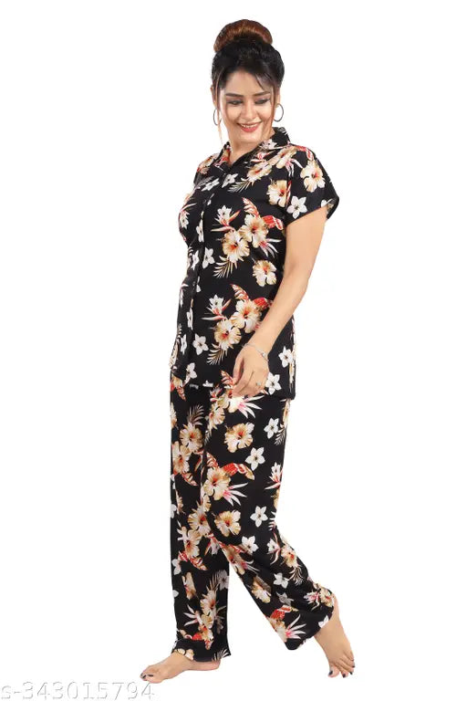Women's satin printed nightsuite set, coordinating sleepwear for ladies & girls on bed