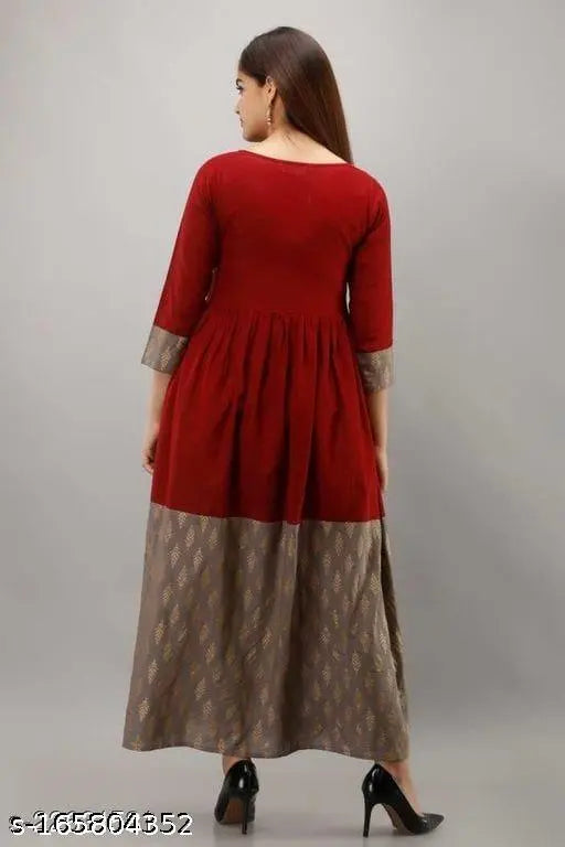 Red rayon anarkali dress with puff sleeves and flared skirt