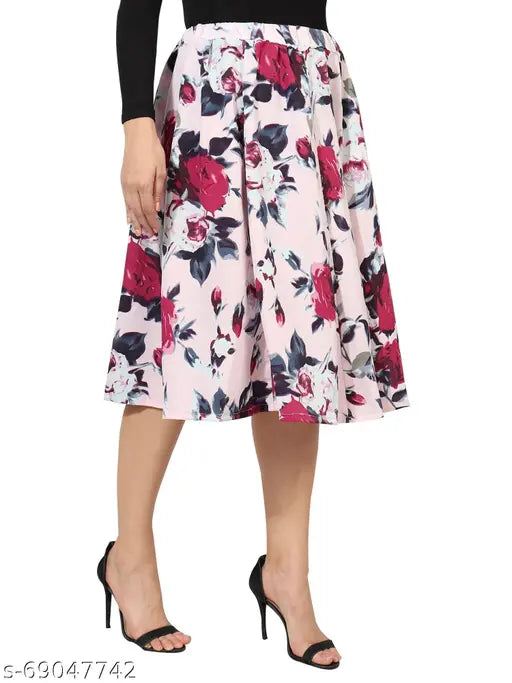 Mid-calf navy blue polyester skirt with white floral print, women's formal wear